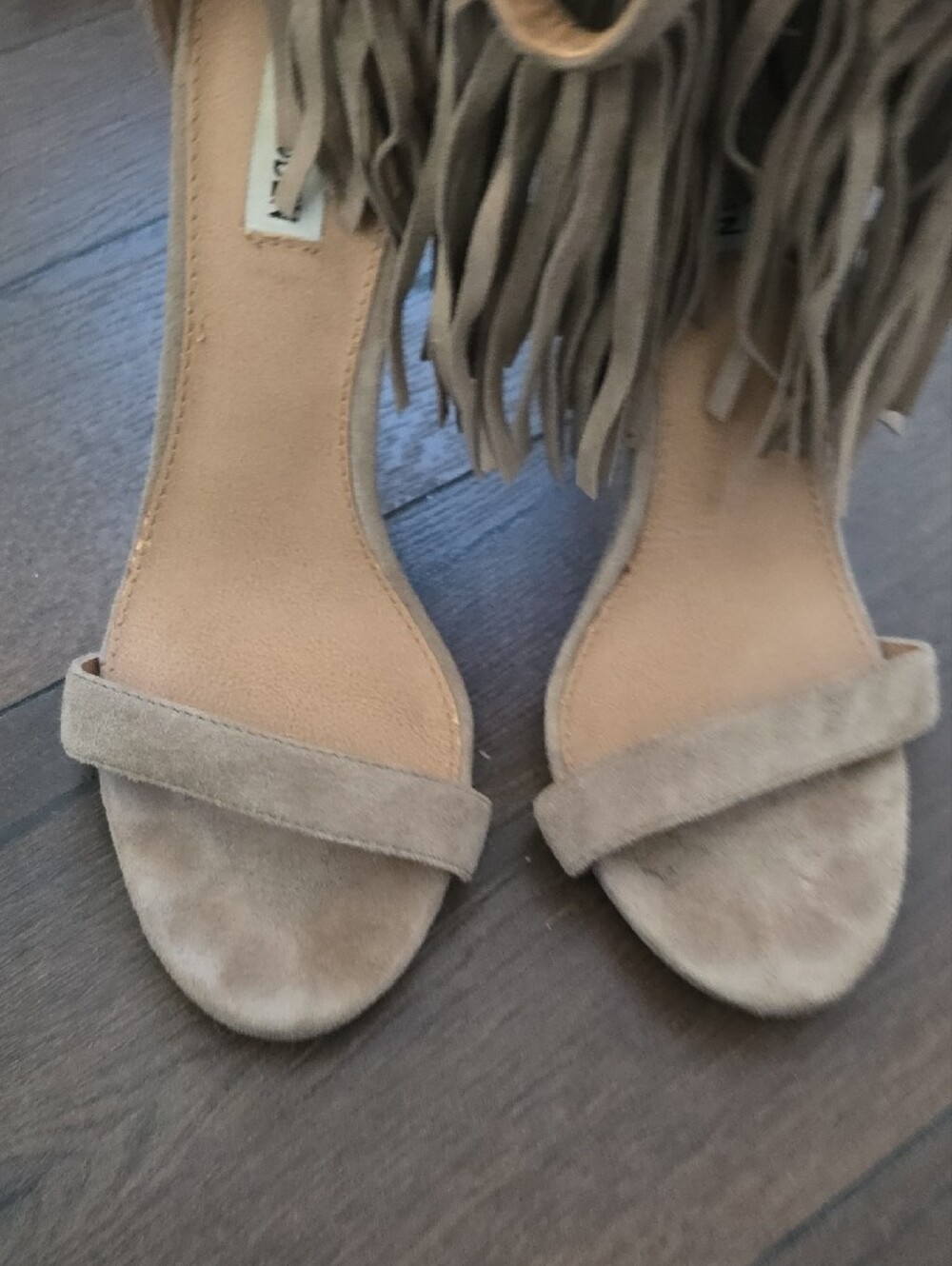 Steve Madden Taupe Suede Fringe Ankle-Strap Stilettos - Picture 5 of 6